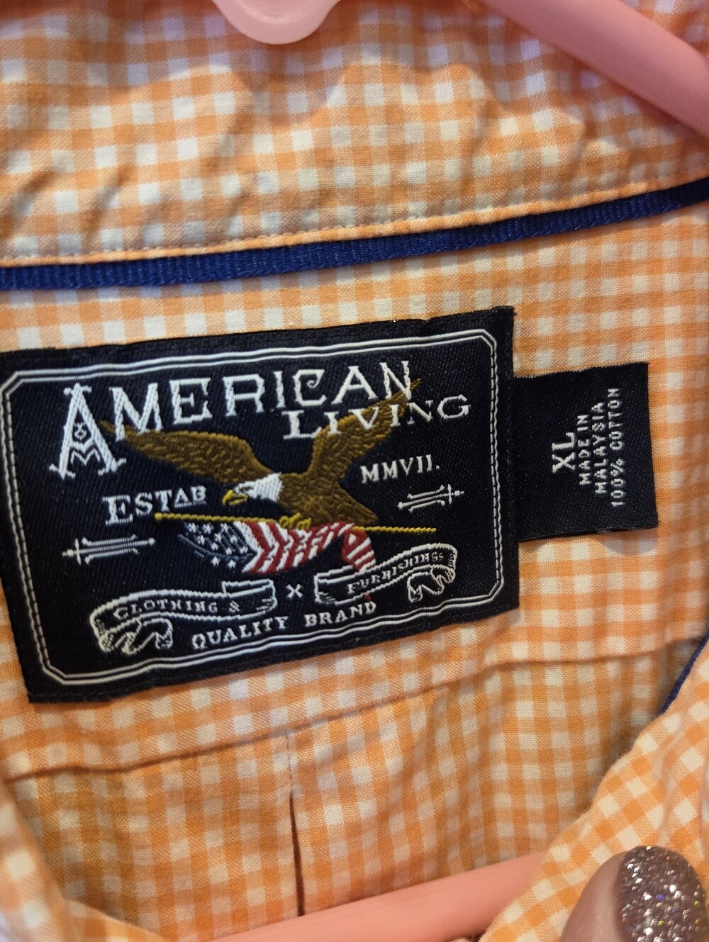 American Living Men's XL Peach Gingham Short Sleeve Button Down Shirt Cotton - Picture 4 of 9